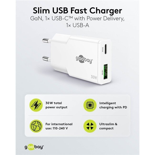Goobay Slim USB-Ladegerät | USB-C PD + USB-A QC | GaN | 30W | Weiß
