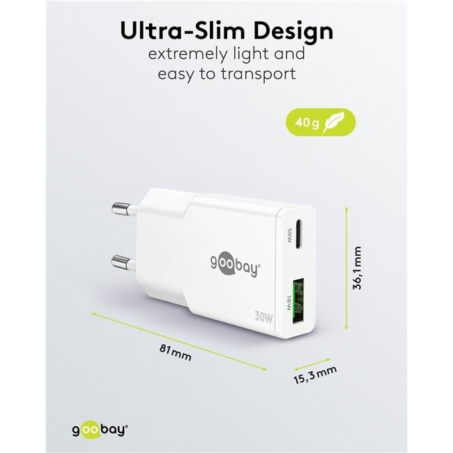 Goobay Slim USB-Ladegerät | USB-C PD + USB-A QC | GaN | 30W | Weiß