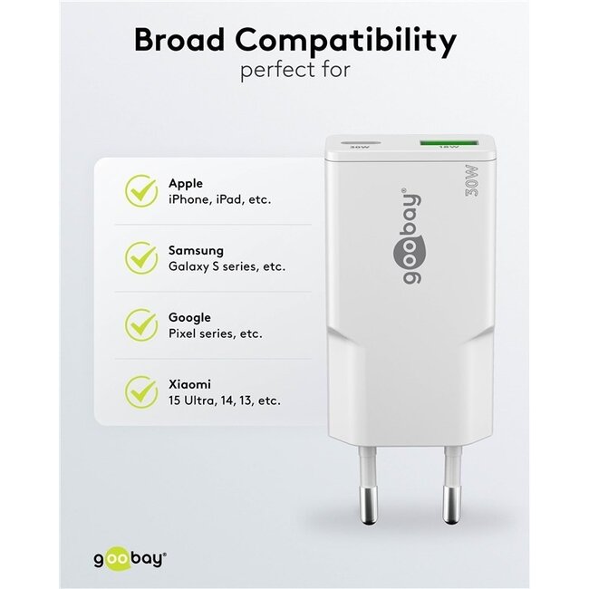 Goobay Slim USB-Ladegerät | USB-C PD + USB-A QC | GaN | 30W | Weiß