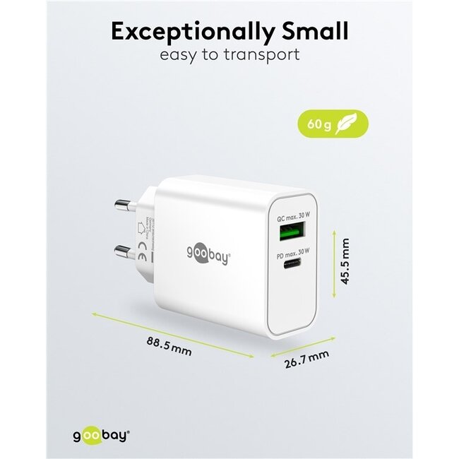 Goobay USB-Ladegerät | USB-C PD + USB-A QC | GaN | 30W | Weiß