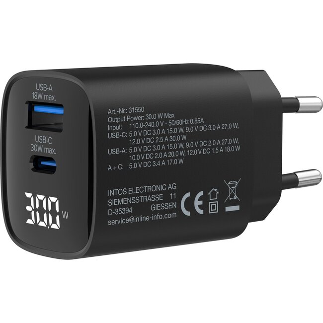 InLine USB Ladegerät | USB-C PD + USB-A QC | GaN | 30W | Display | Schwarz