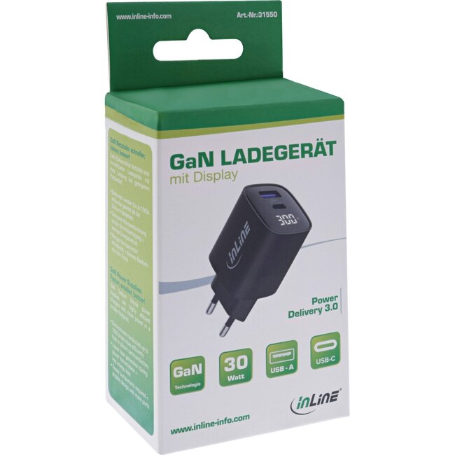 InLine USB Ladegerät | USB-C PD + USB-A QC | GaN | 30W | Display | Schwarz