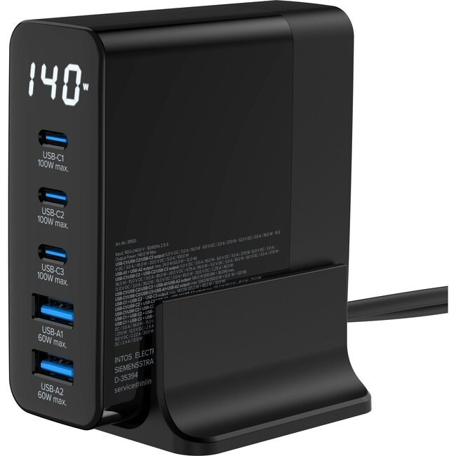 InLine USB-Ladegerät | 3x USB-C PD + 2x USB-A QC | GaN | 140W | Display | Schwarz