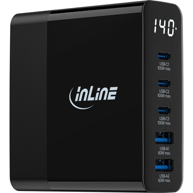 InLine USB-Ladegerät | 3x USB-C PD + 2x USB-A QC | GaN | 140W | Display | Schwarz