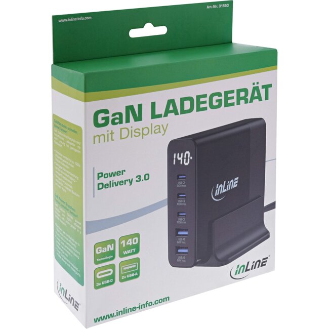 InLine USB-Ladegerät | 3x USB-C PD + 2x USB-A QC | GaN | 140W | Display | Schwarz