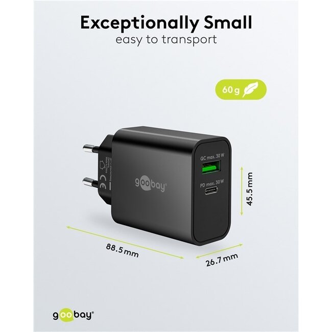 Goobay USB-Ladegerät | USB-C PD + USB-A QC | GaN | 30W | Schwarz