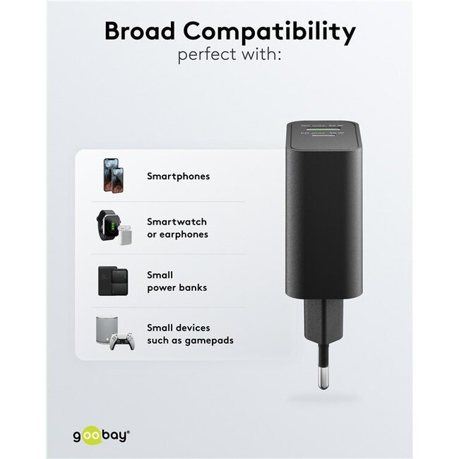 Goobay USB-Ladegerät | USB-C PD + USB-A QC | GaN | 30W | Schwarz