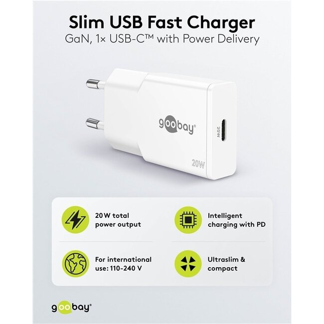Goobay Slim USB-Ladegerät | USB-C PD | GaN | 20W | Weiß