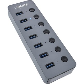 InLine InLine USB-Hub (USB-A/USB-C) | 7x USB-A + 7 Schalter | USB 3.0 | Externe Stromversorgung | Aluminium | 1 Meter
