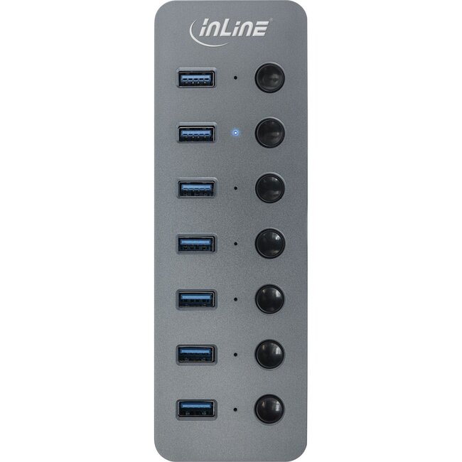 InLine USB-Hub (USB-A/USB-C) | 7x USB-A + 7 Schalter | USB 3.0 | Externe Stromversorgung | Aluminium | 1 Meter