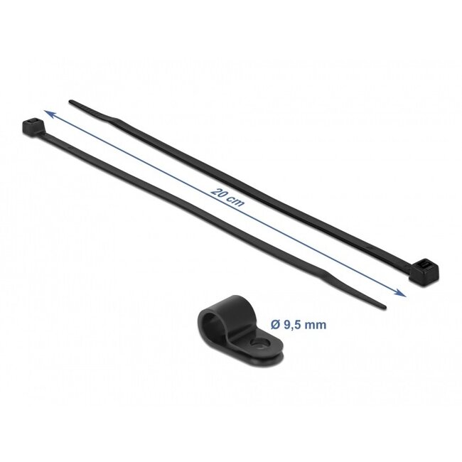 Kabelbinder mit Montageclip | 200 x 4,8 mm | Schwarz | 10 Stück