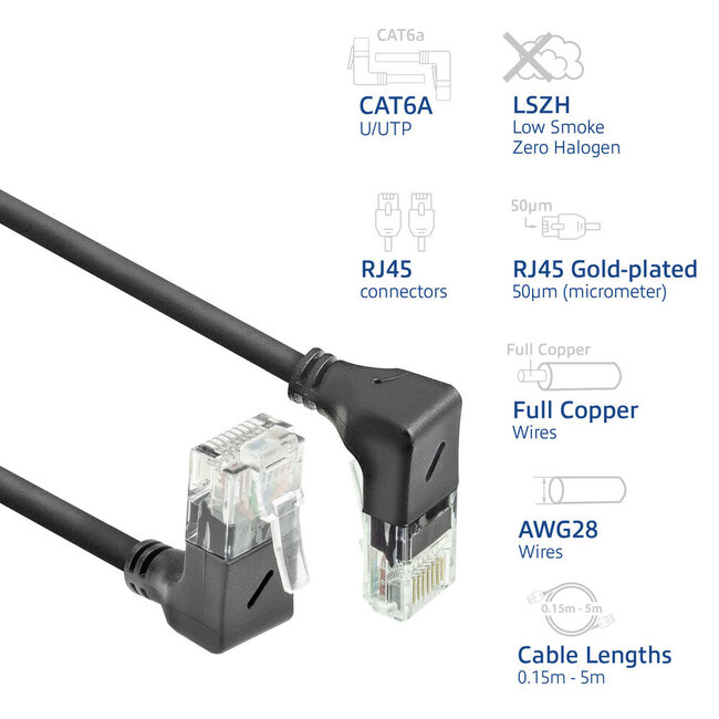 UTP CAT6a Slimline Netzwerkkabel | Winkelstecker oben/unten | LSZH | Schwarz | 0,15 m