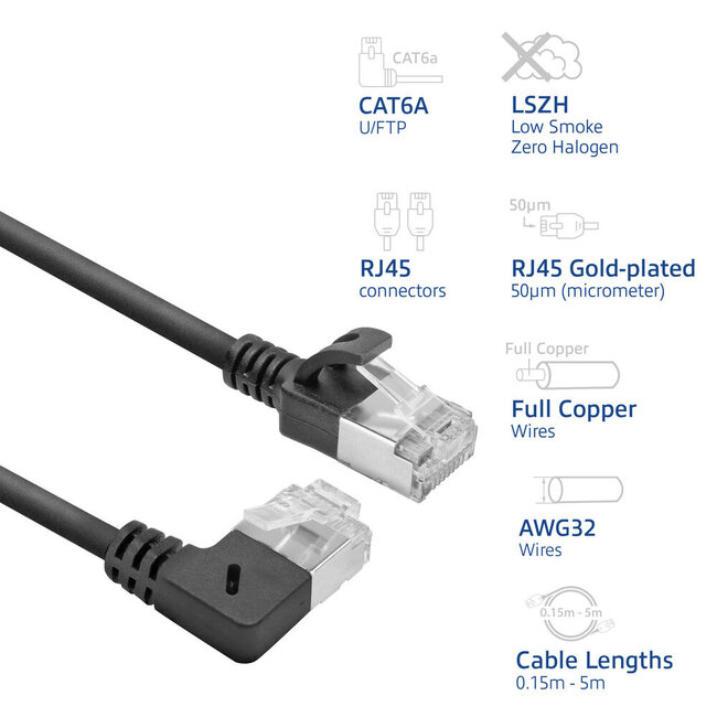 UFTP CAT6a Slimline Netzwerkkabel | Winkel-/Gerade Stecker | LSZH | Schwarz | 1 Meter