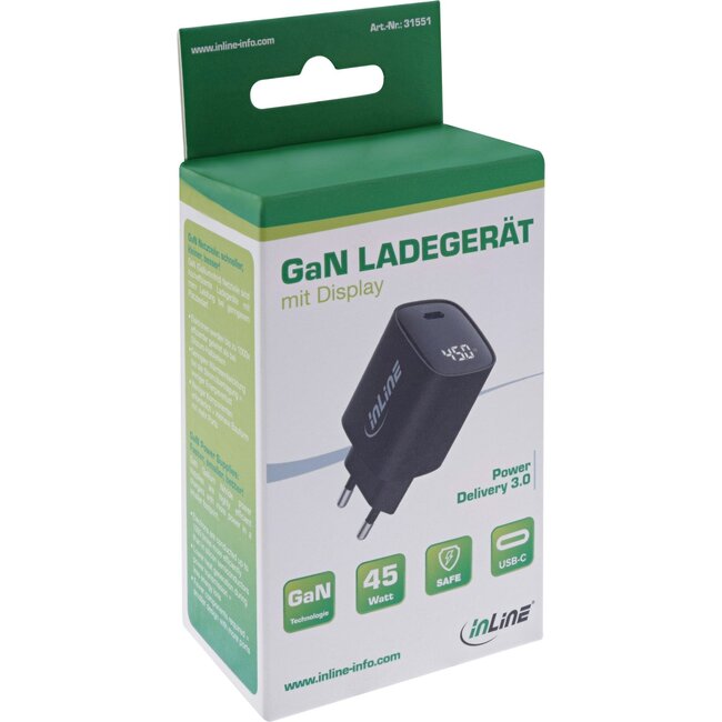 InLine USB-C PD Ladegerät | GaN | 45W | Display | Schwarz