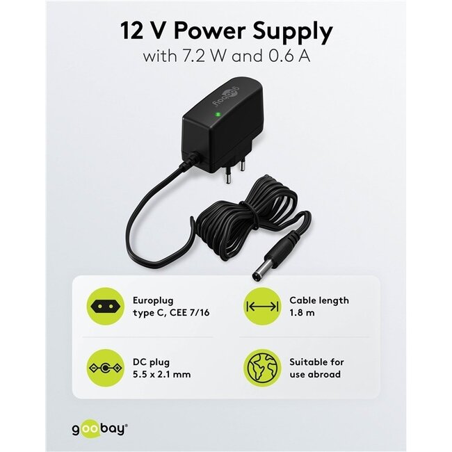 Goobay Netzadapter | 12V DC | 0,6A | 7,2W | 5,5 x 2,1mm | 1,8m Kabel