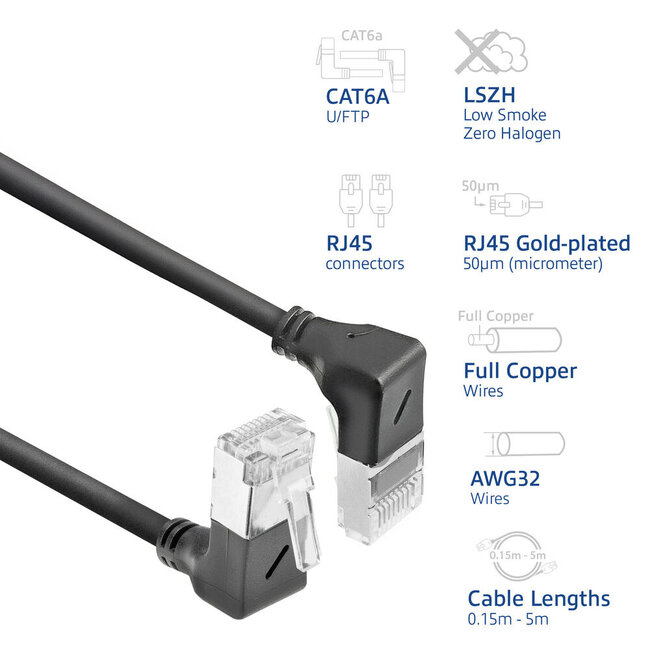 UFTP CAT6a Slimline Netzwerkkabel | Winkelstecker Oben/Unten | LSZH | Schwarz | 0,25 m