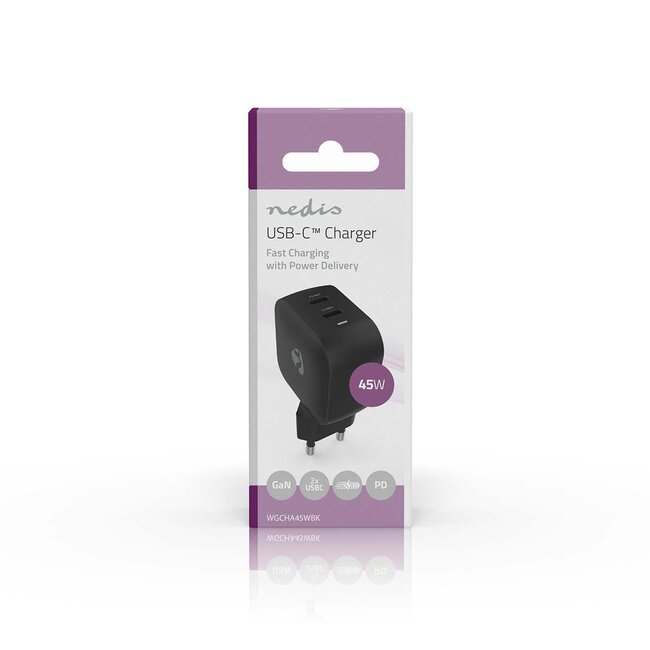 Nedis USB-Ladegerät | 2x USB-C PD | GaN | 45W | Schwarz