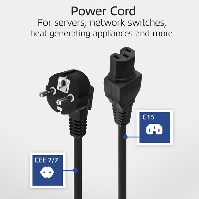 C15 (gerade) - CEE 7/7 (winklig) Stromkabel | 3x 1,00mm² (Gummi) | Schwarz | 2 Meter