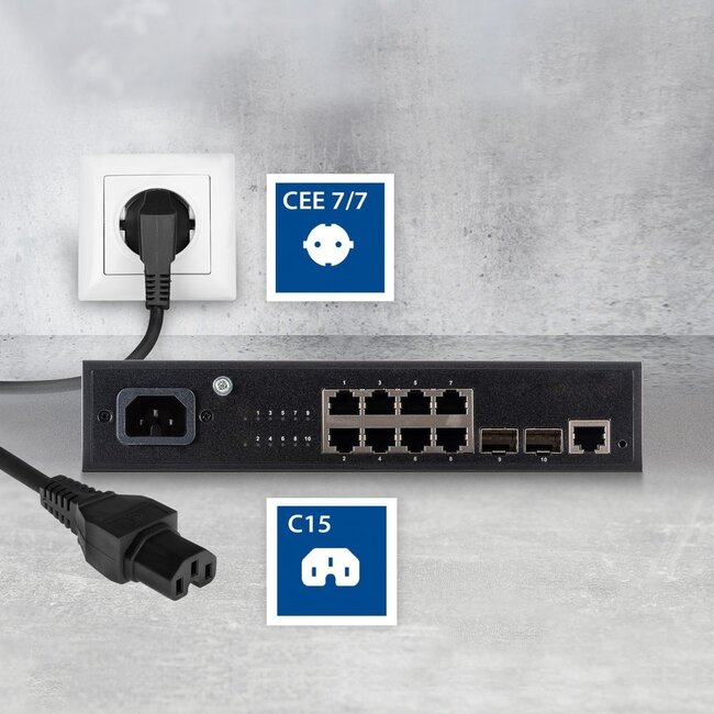 C15 (gerade) - CEE 7/7 (winklig) Stromkabel | 3x 1,00mm² (Gummi) | Schwarz | 2 Meter