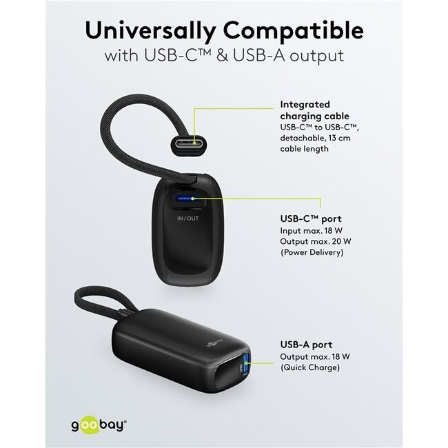 Goobay Powerbank mit Kabel | USB-C PD 20W + USB-A QC | 5.000 mAh