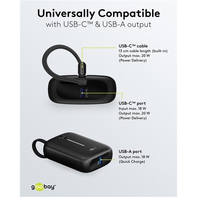 Goobay Powerbank mit Kabel | 2x USB-C PD 20W + 1x USB-A QC | 10.000 mAh