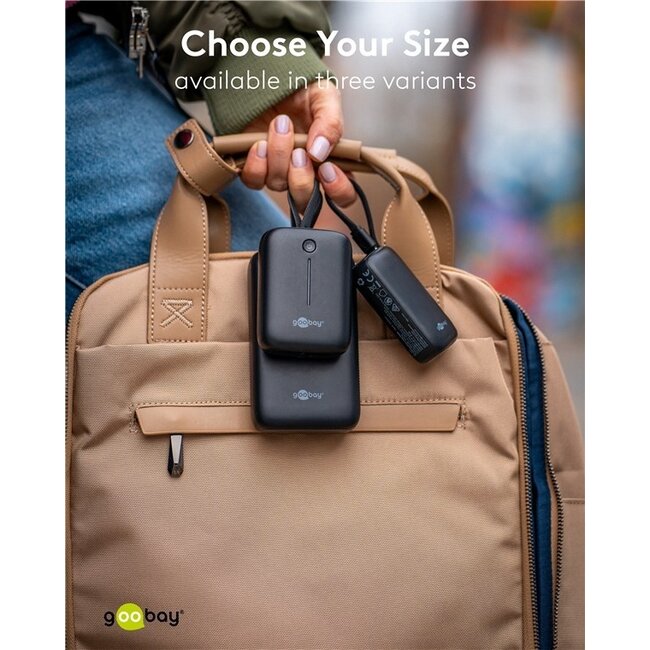 Goobay Powerbank mit Kabel | 2x USB-C PD 20W + 1x USB-A QC | 10.000 mAh