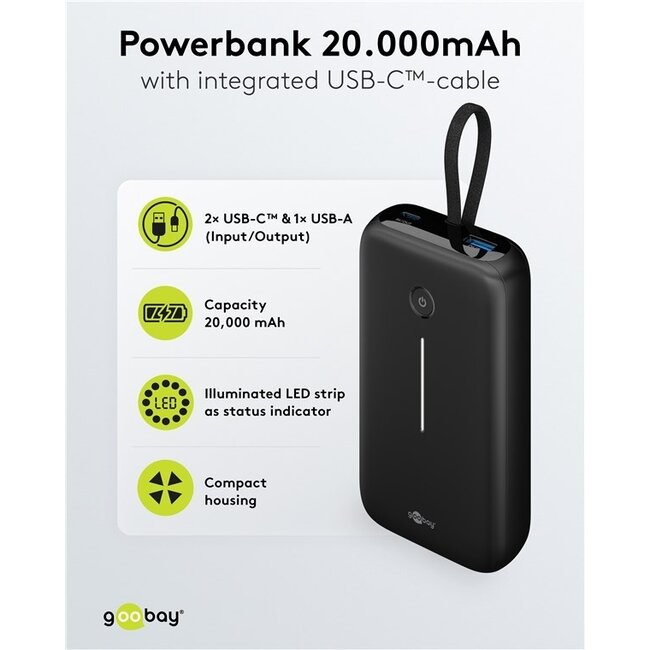 Goobay Powerbank mit Kabel | 2x USB-C PD 20W + 1x USB-A QC | 20.000 mAh