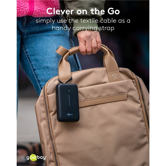 Goobay Powerbank mit Kabel | 2x USB-C PD 20W + 1x USB-A QC | 20.000 mAh