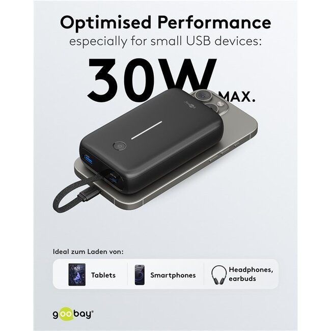 Goobay Powerbank mit Kabel | 2x USB-C PD 20W + 1x USB-A QC | 20.000 mAh