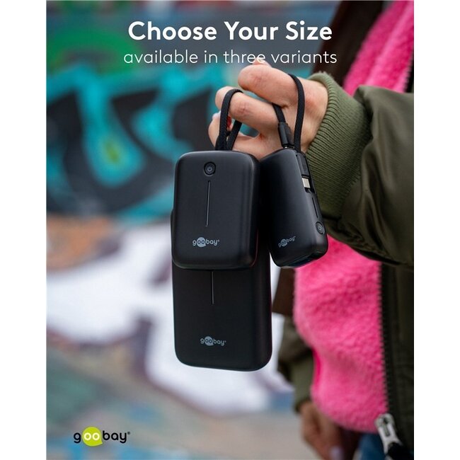 Goobay Powerbank mit Kabel | 2x USB-C PD 20W + 1x USB-A QC | 20.000 mAh
