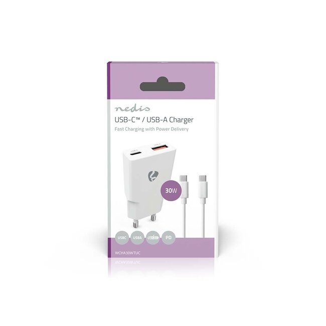 Nedis USB-Ladegerät | USB-C PD & USB-A QC | inkl. USB-C Kabel | GaN | 30W | Weiß