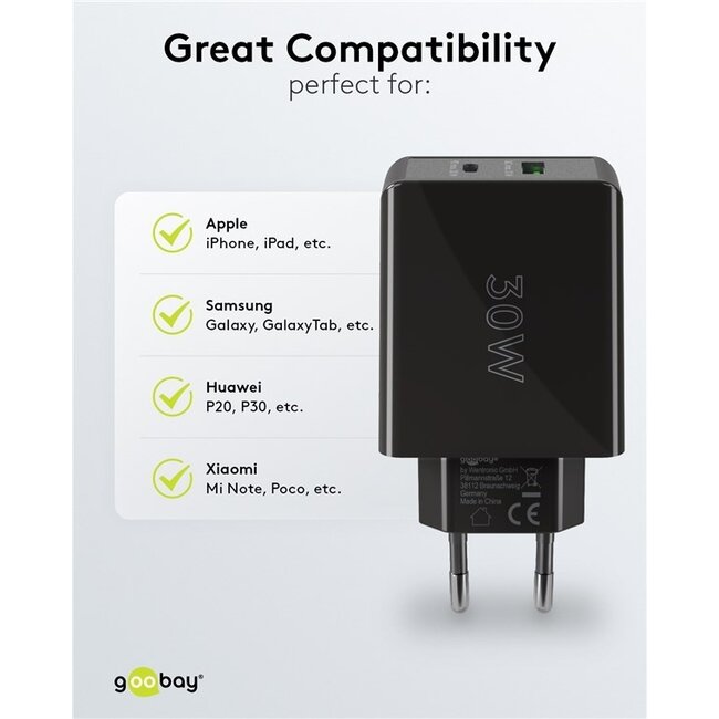 Goobay USB Ladegerät Set | 2x Ladegerät mit USB-C PD & USB-A | inkl. 2x USB-C Kabel | 30W | Schwarz + Weiß | 1 Meter