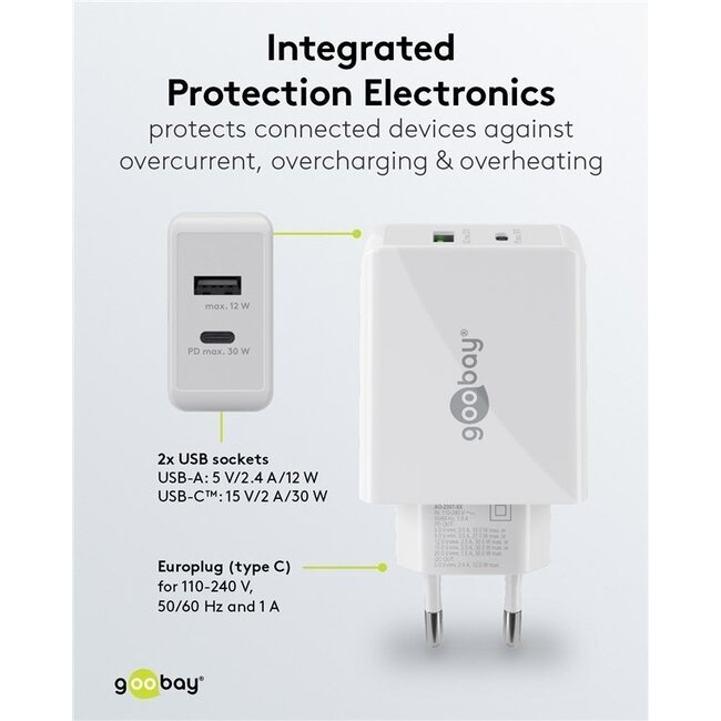 Goobay USB Ladegerät Set | 2x Ladegerät mit USB-C PD & USB-A | inkl. 2x USB-C Kabel | 30W | Schwarz + Weiß | 1 Meter