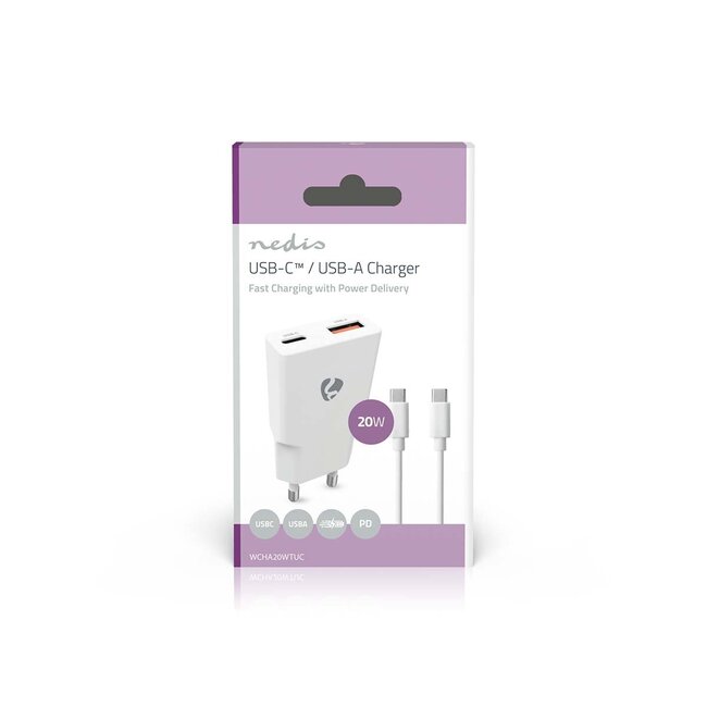 Nedis USB-Ladegerät | USB-C PD & USB-A QC | inkl. USB-C Kabel | GaN | 20W | Weiß