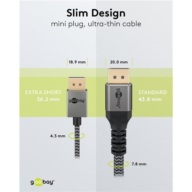 Goobay Plus DisplayPort Kabel | Slimline | DP2.1 (10K 60Hz) | UHBR10 (40Gbit/s) | 1 Meter