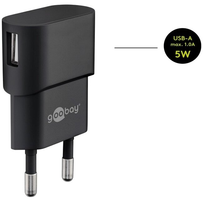 Goobay USB-Ladegerät | rechtwinklig | 1x USB-A | inkl. USB-C Kabel | 5W | schwarz | 1 Meter