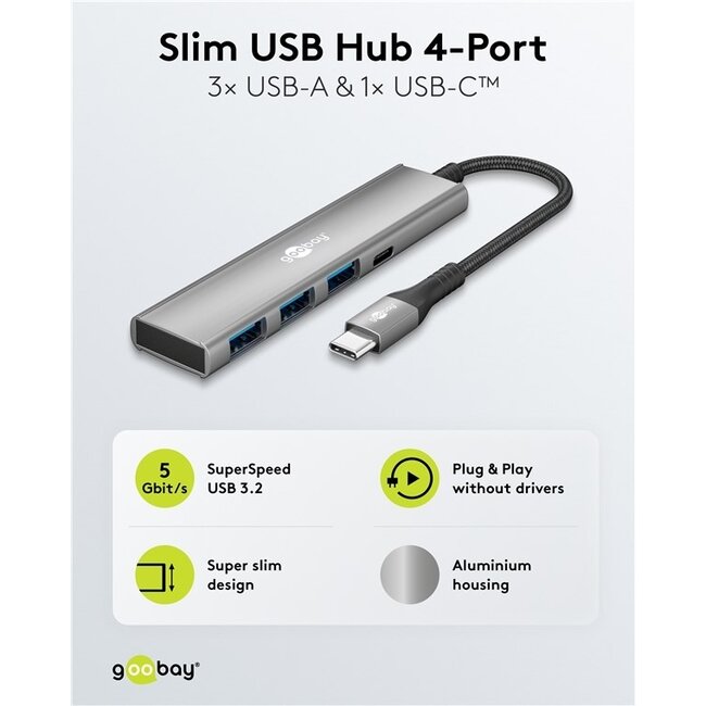 Goobay USB-Hub (USB-C) | 3x USB-A + 1x USB-C | USB 3.0 5 Gbps | Aluminium | 0,10 m