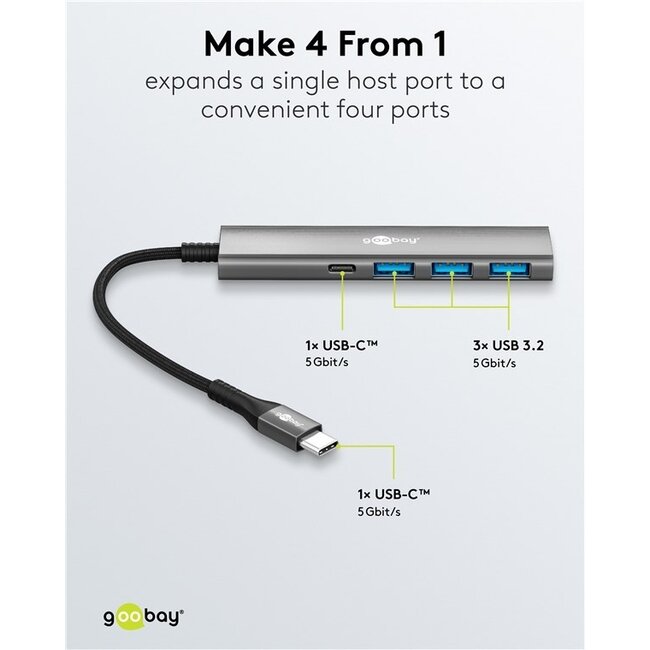 Goobay USB-Hub (USB-C) | 3x USB-A + 1x USB-C | USB 3.0 5 Gbps | Aluminium | 0,10 m