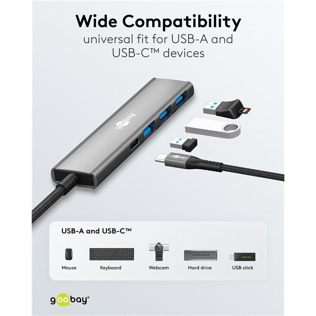 Goobay USB-Hub (USB-C) | 3x USB-A + 1x USB-C | USB 3.0 5 Gbps | Aluminium | 0,10 m