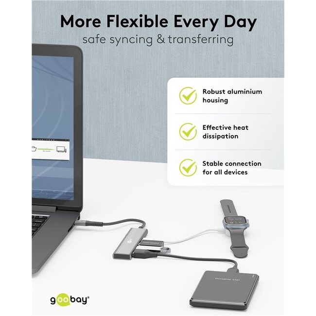 Goobay USB-Hub (USB-C) | 3x USB-A + 1x USB-C | USB 3.0 5 Gbps | Aluminium | 0,10 m