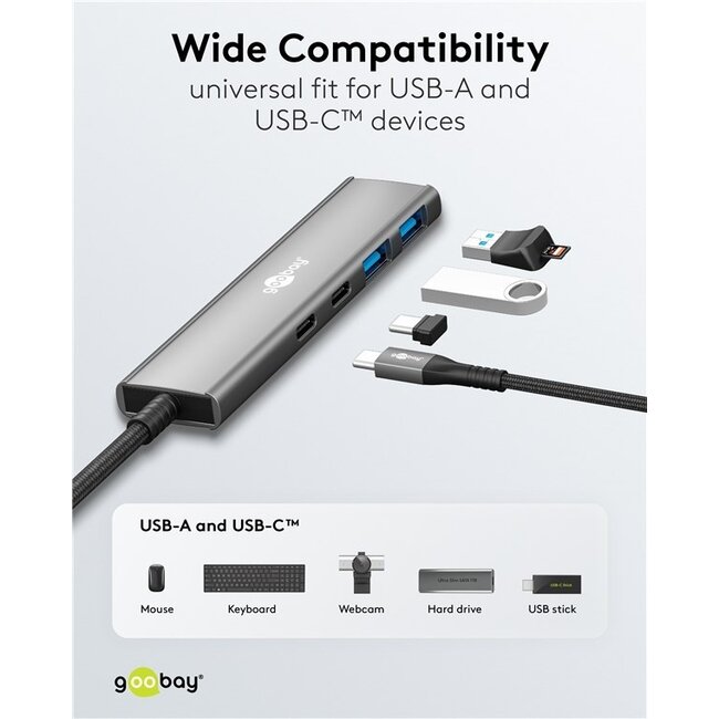 Goobay USB-Hub (USB-C) | 2x USB-A + 2x USB-C | USB 3.0 5 Gbps | Aluminium | 0,10 m