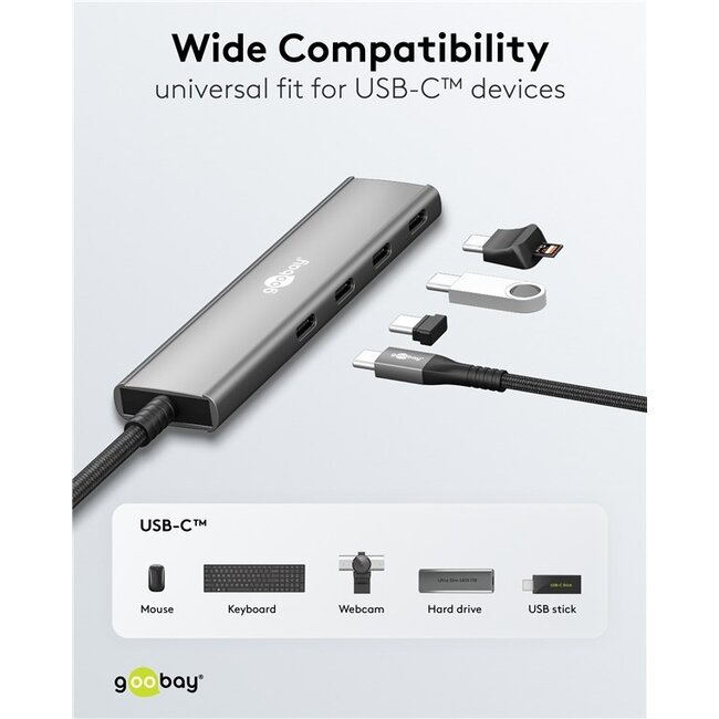 Goobay USB-C Hub | 4x USB-C | USB 3.0 5 Gbps | Aluminium | 0,10 m
