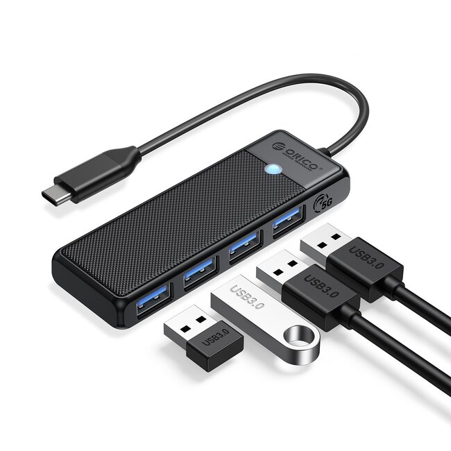 Orico kompakter USB-C Hub | 4x USB-A | busbetrieben | USB 3.0 5 Gbps | schwarz | 0,15 m