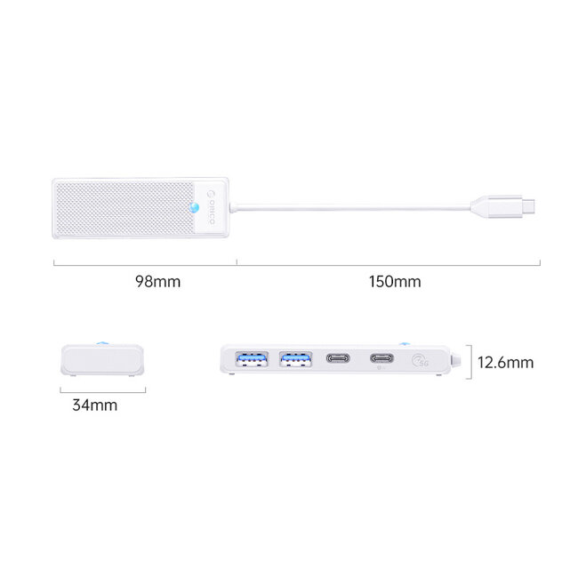 Orico USB-C Hub | 2x USB-A, 1x USB-C & 1x USB-C PD 100W | USB 3.0 5 Gbps | Weiß | 0,15 m