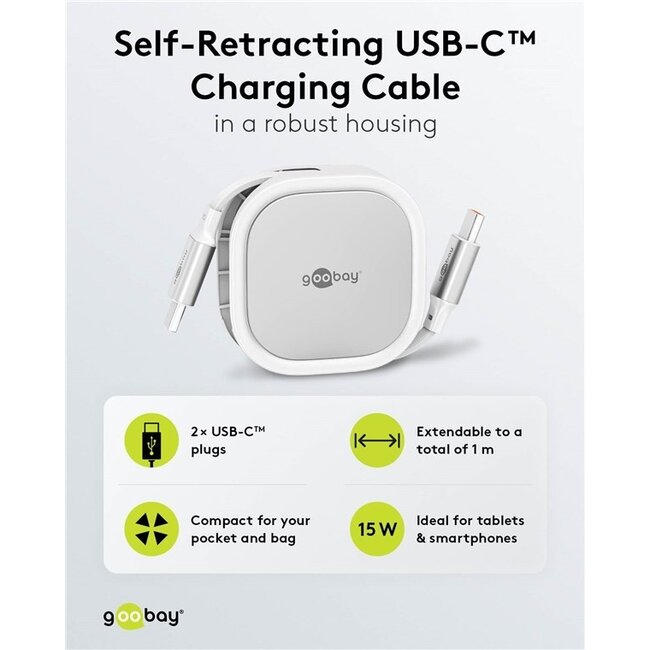 Goobay USB-C ausziehbares Kabel | USB 2.0 | 15W | Weiß | 1 Meter