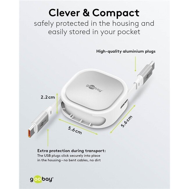 Goobay USB-C ausziehbares Kabel | USB 2.0 | 15W | Weiß | 1 Meter