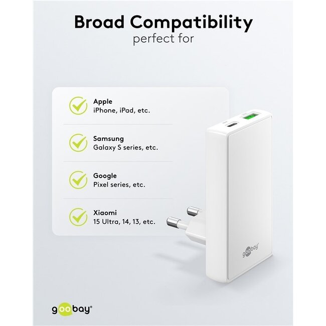 Goobay Flacher USB-Lader | USB-C PD + USB-A QC | GaN | 45W | Weiß