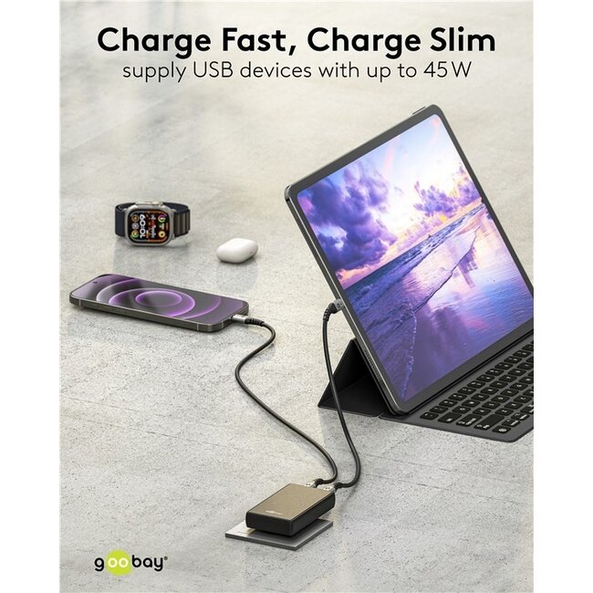 Goobay Flach USB Ladegerät | 2x USB-C PD | GaN | 45W | Schwarz