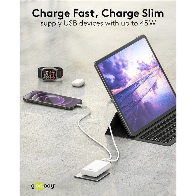 Goobay Flach USB Ladegerät | 2x USB-C PD | GaN | 45W | Weiß
