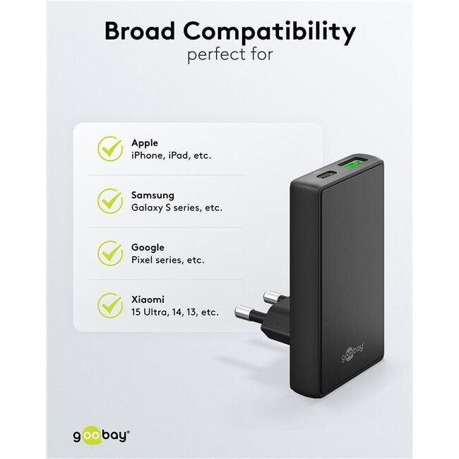 Goobay Flacher USB-Lader | USB-C PD + USB-A QC | GaN | 65W | Schwarz
